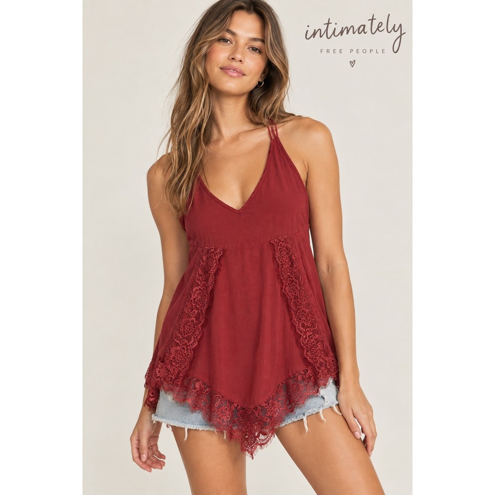 Intimately Free People Red Lace Trim Handkerchief Hem Camisole Tank Top Small